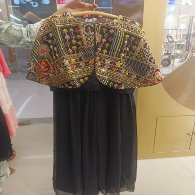 Black Georgette Anarkali Dress with Heavy Embroidered Sequin Cape Jacket
