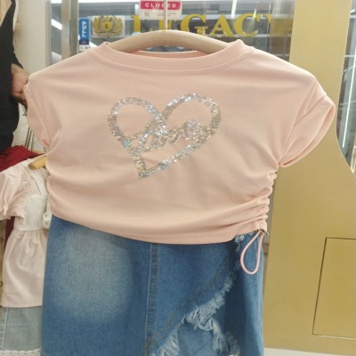 Light Pink Sequined “Honey” Heart Top & Distressed Denim Shorts