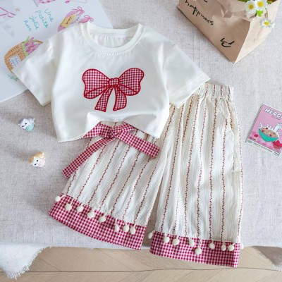 White Red Gingham Bow Top & Striped Pants Set