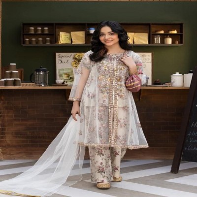 Girl's Cream Floral Embroidered Net Salwar Kameez with Palazzo Pants & Dupatta