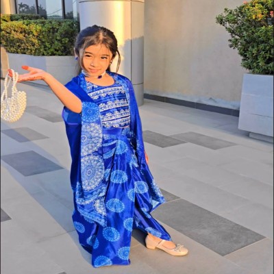 Royal Blue Printed Crop Top with Draped Skirt & Dupatta Set