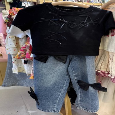 Girls Black Lace-Up Bow Denim Set