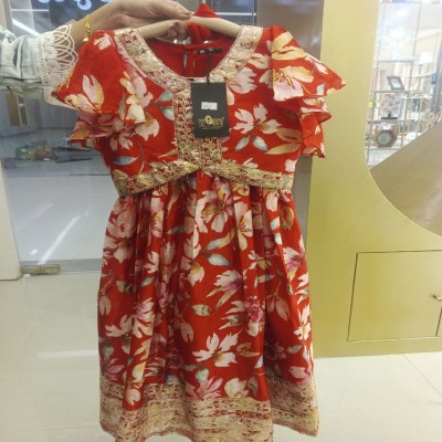 Red Floral Print Anarkali Dress with Gold Embroidery and Ruffle Sleeves
