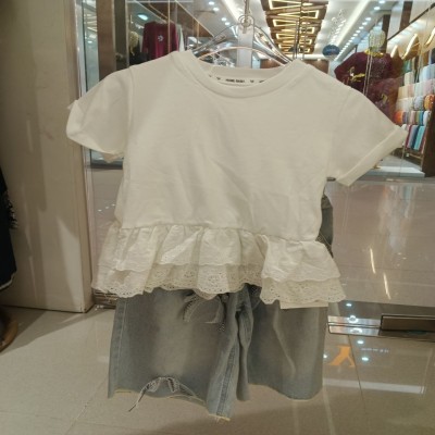 Ruffled Eyelet Hem T-Shirt and Denim Shorts