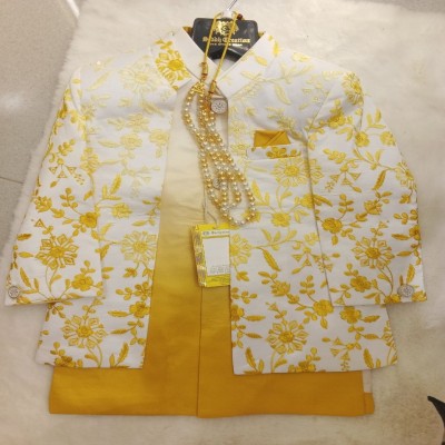 White & Yellow Floral Embroidered Sherwani Set with Pearl Necklace