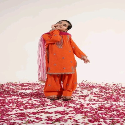 Girls Orange Embroidered Kurta with Patiala Salwar and Pink Dupatta Set
