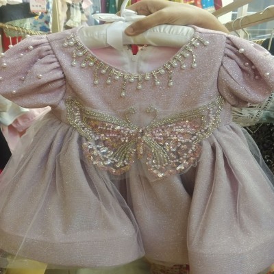 Shimmering Lilac Butterfly Gala Dress with Pearl and Sequin Embellishments