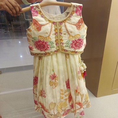 Cream Floral Embroidered Sleeveless Lehenga Frock for Girls