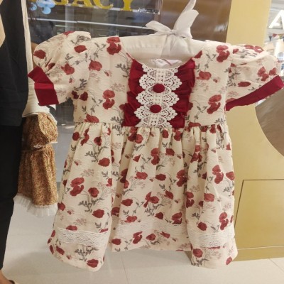 Girls’ Cream Floral Print Party Dress with Red Lace Front & Puff Sleeves