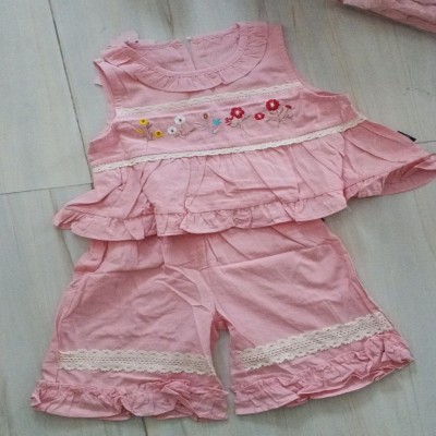 Pink Floral Embroidered Tiered Top & Shorts Set