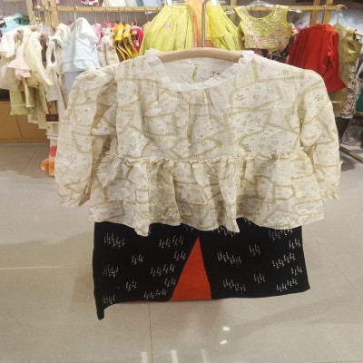 Off-White Embroidered Peplum Top with Black Printed