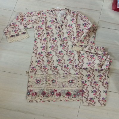 Off-White Floral Printed Kurti with Matching Trousers Ethnic