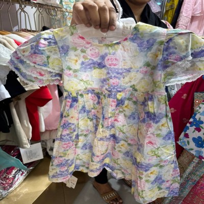 Multicolor Floral Print Lace Trim Puff Sleeve Dress