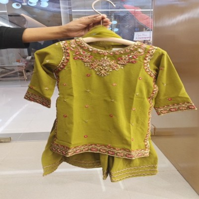 Olive Green Heavy Embroidered Kurta Salwar Set for Girls