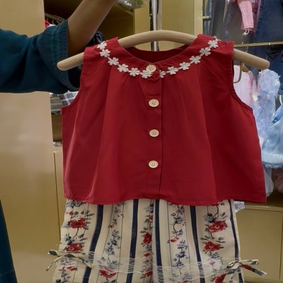 Red Button-Down Floral Neckline Top & Striped Floral Shorts Set