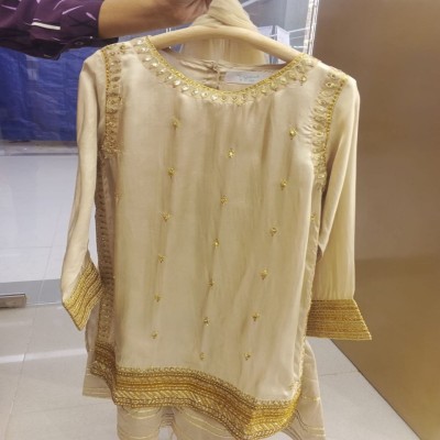 Elegant Cream/Gold Embroidered Kids Kurti with Bottom