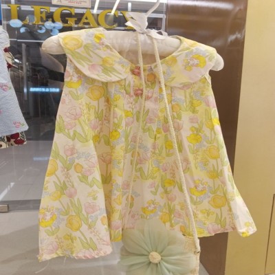 Floral Print Peter Pan Collar Dress with Bow & Flower Bag