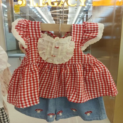 Red Gingham Check Ruffle Top with Denim Mushroom
