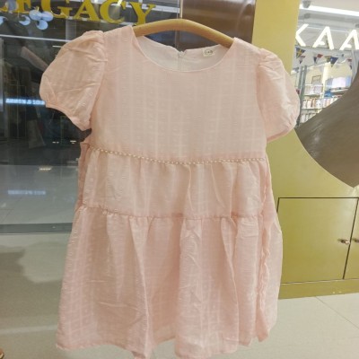 Girls’ Soft Pink Textured Dress with Pearl Waist Detail & Puff Sleeves