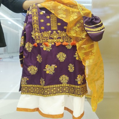 Purple & Gold Embroidered 4-Piece Ethnic Salwar Kameez Set with Potli Bag