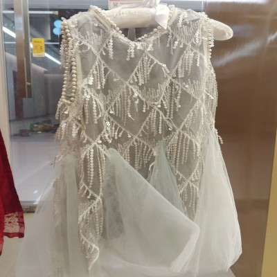 Girls White Pearl & Sequin Fringe Tulle Party Dress
