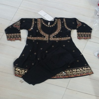 Black Embroidered Anarkali Kurti with Trousers Ethnic