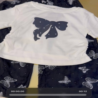 White Short Sleeve Bow Top & Black Butterfly Tutu Skirt Set