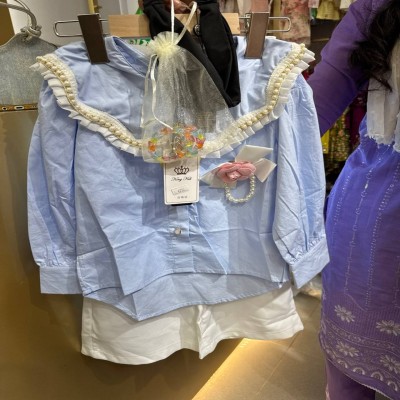 Light Blue Ruffled Shirt & White Shorts 2-Piece Set