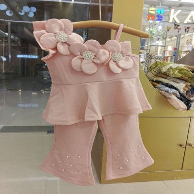 Girls Pink 3D Floral One-Shoulder Top & Pearl Flared