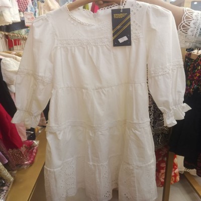 Elegant White Long Sleeve Tiered Eyelet Dress