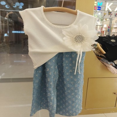 White Pearl-Trimmed Top with Large Flower Accent & Blue Sequined Pants Set