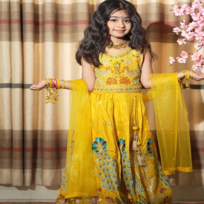 Vibrant Yellow Peacock Embroidered Lehenga Choli with Dupatta