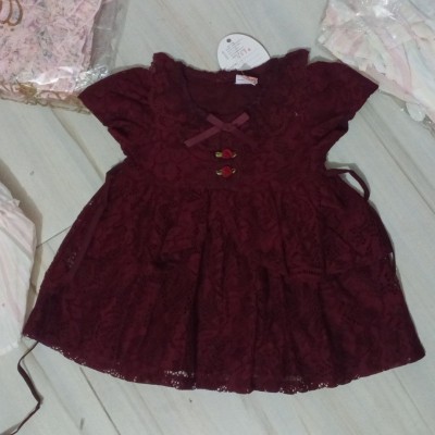 Maroon Lace Tiered Party Frock with Ribbon & Rose Accents