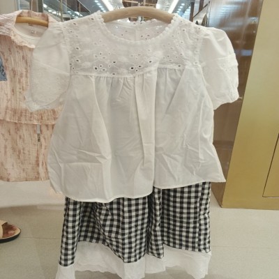 White Eyelet Embroidered Top & Gingham Plaid Bottom