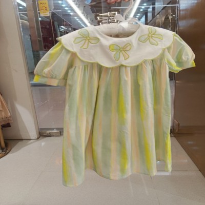 Pastel Stripe Puff-Sleeve Dress with Scalloped Ribbon