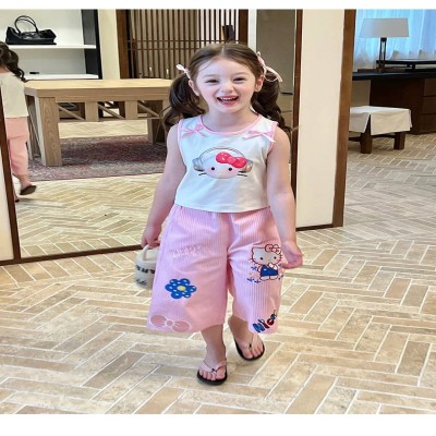 Hello Kitty Sleeveless Top & Pink Striped Wide-Leg Pants Set