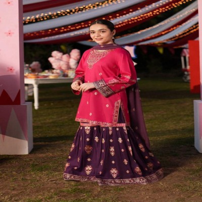 Girl's Pink & Purple Embroidered Kurti with Flared Lehenga