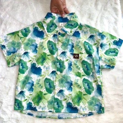 Boys Watercolor Green Blue Floral Shirt 