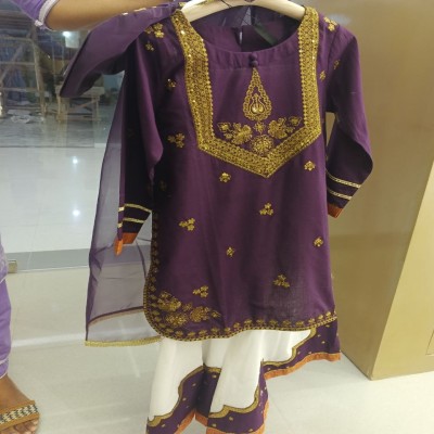 Elegant Purple & White Embroidered Girls Ethnic Party Wear Set