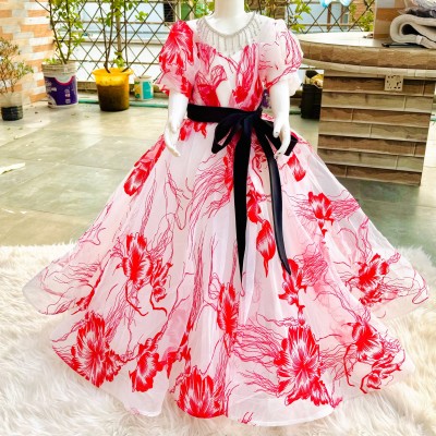 Red Floral Print Organza Gown