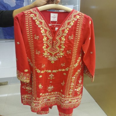 Red Embroidered ETHNO KIDS Kurta Pajama Set for Girls