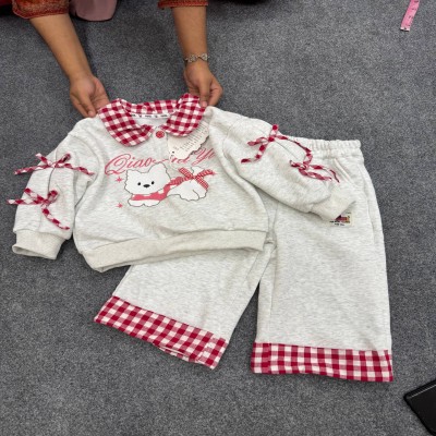 Girls' Cute Puppy Plaid Bow Tracksuit Set  