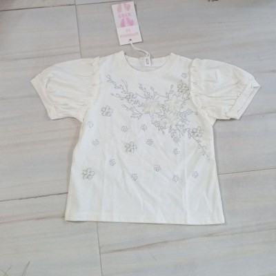 White Floral Embellished Short-Sleeve Top with Pearl