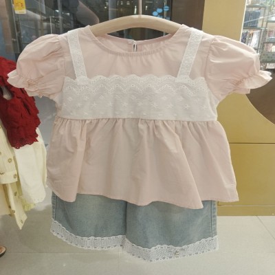 Girls’ Pastel Pink Eyelet Lace Peplum Blouse & Light Denim Shorts Set