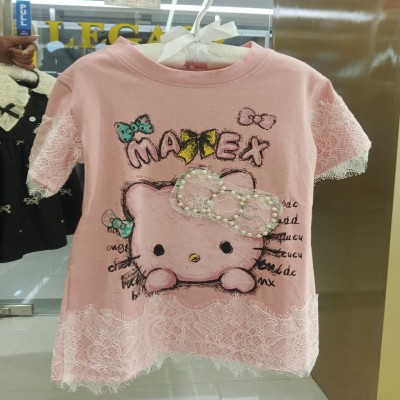 Pink Kitty Lace Sleeve Printed Dress with Pearl Bow
