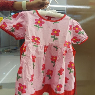 Girls Pink Red Flower Print Puff Sleeve Dress