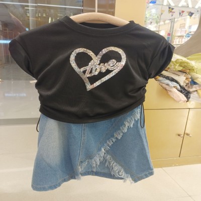 Black Sequin “Love” Heart Crop Top & Distressed Denim Skirt Set