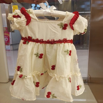Girls Cream Red Cherry Embroidered Tiered Dres
