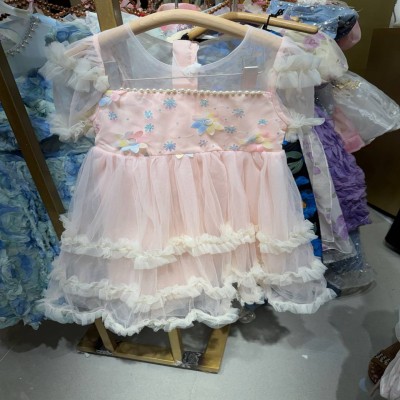 Pink Floral Embroidered Layered Tulle Party Dress with Puff Sleeves