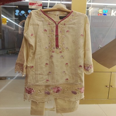 Girls Elegant Embroidered Kurti Set – Cream Floral Party Wear (2 Piece)